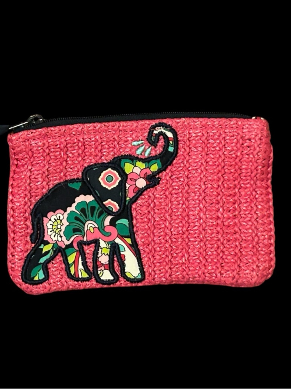 Vera Bradley Pink Woven Pouch with Colorful Elephant Appliqué
